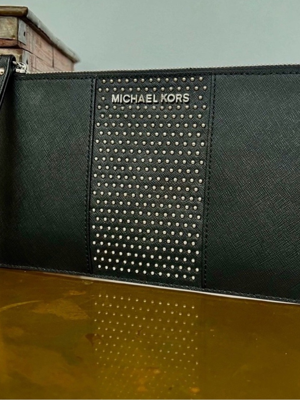 Michael Kors Black Studded Saffiano Wristlet Clutch